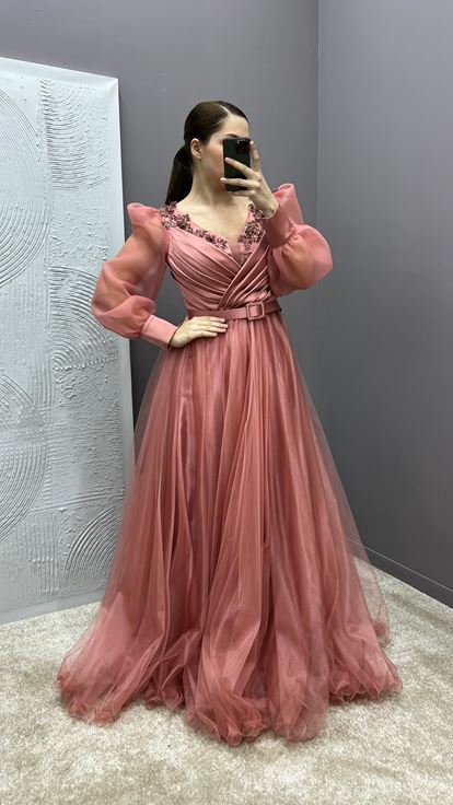 Dried Rose Chest Detail Balloon Sleeve Embroidered Design Tulle Plus Size Evening Dress