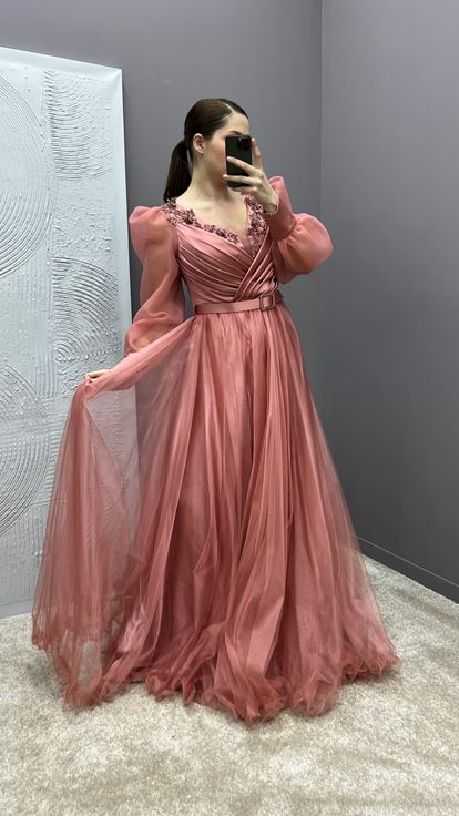 Dried Rose Chest Detail Balloon Sleeve Embroidered Design Tulle Plus Size Evening Dress