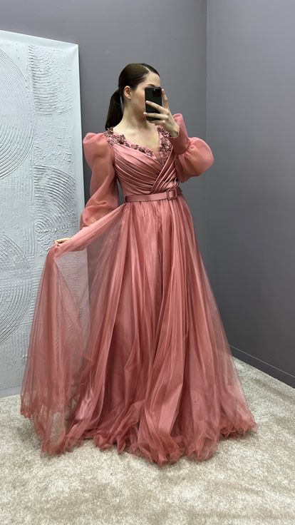 Dried Rose Chest Detail Balloon Sleeve Embroidered Design Tulle Plus Size Evening Dress