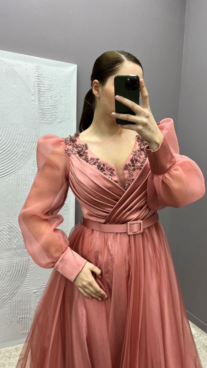 Dried Rose Chest Detail Balloon Sleeve Embroidered Design Tulle Plus Size Evening Dress