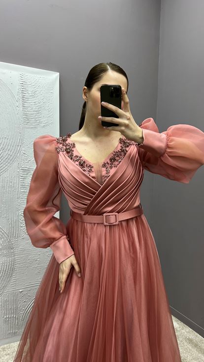 Dried Rose Chest Detail Balloon Sleeve Embroidered Design Tulle Plus Size Evening Dress