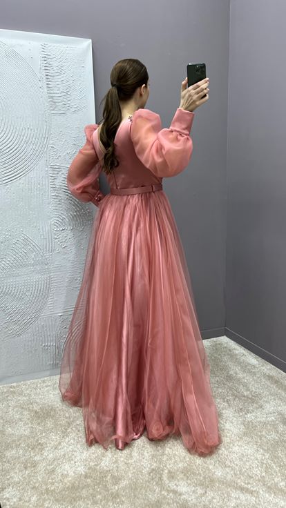 Dried Rose Chest Detail Balloon Sleeve Embroidered Design Tulle Plus Size Evening Dress