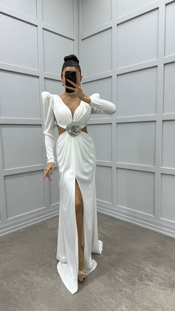 White Pleated Waist Transparent Detail Design Satin Dress