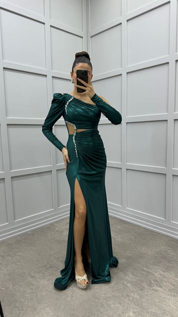Smaragdgrünes Abendkleid mit One-Shoulder-Taillendetail und Steindesign