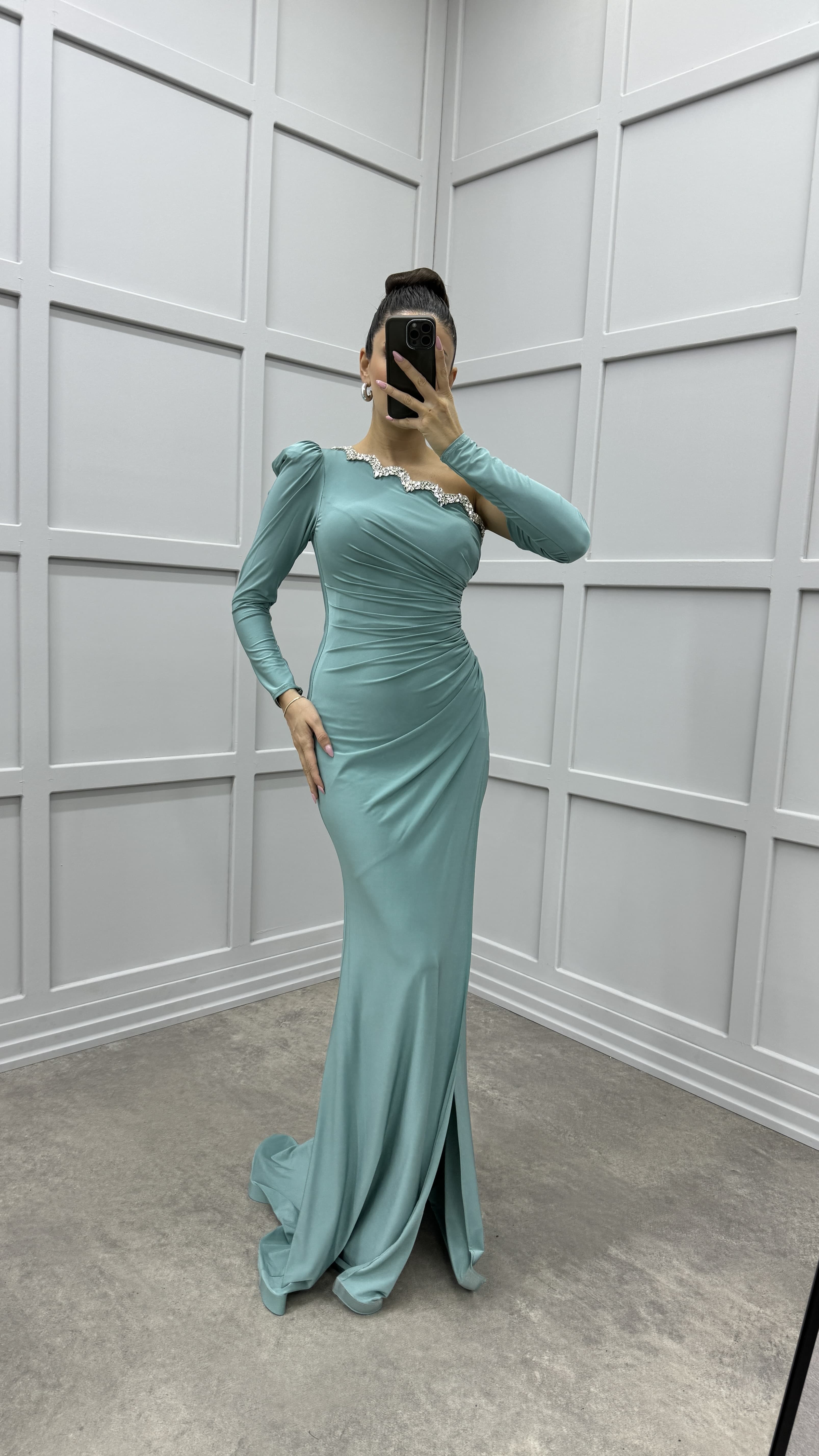 green emerald velvet dress Green Crepe One Shoulder Mermaid Midi Dress with Flower main image 1
