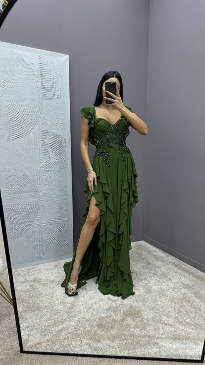 Khaki Volan Dettaglio Abito Da Sera Ricamato Al Torace