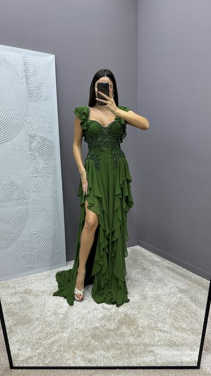 Khaki Volan Dettaglio Abito Da Sera Ricamato Al Torace