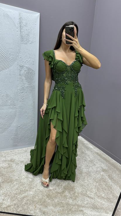 Khaki Volan Dettaglio Abito Da Sera Ricamato Al Torace