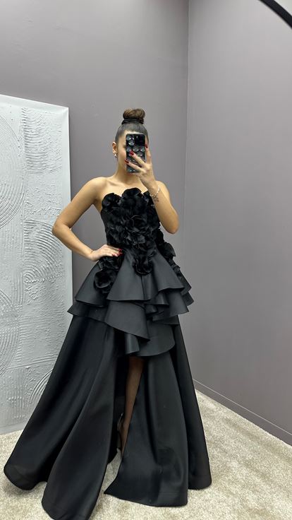 Siyah Straplez Tüy Detay Güllü Tasarım Abiye Elbise