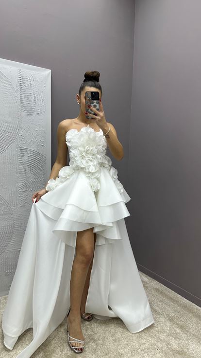 White Strapless Feather Detail Rose Design Evening Dress