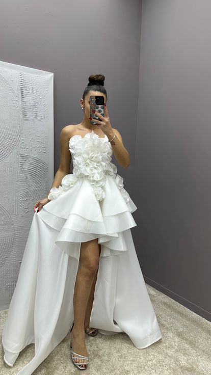 White Strapless Feather Detail Rose Design Evening Dress