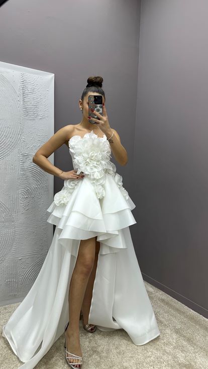 White Strapless Feather Detail Rose Design Evening Dress