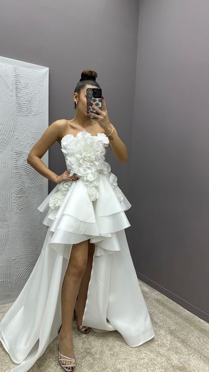 White Strapless Feather Detail Rose Design Evening Dress