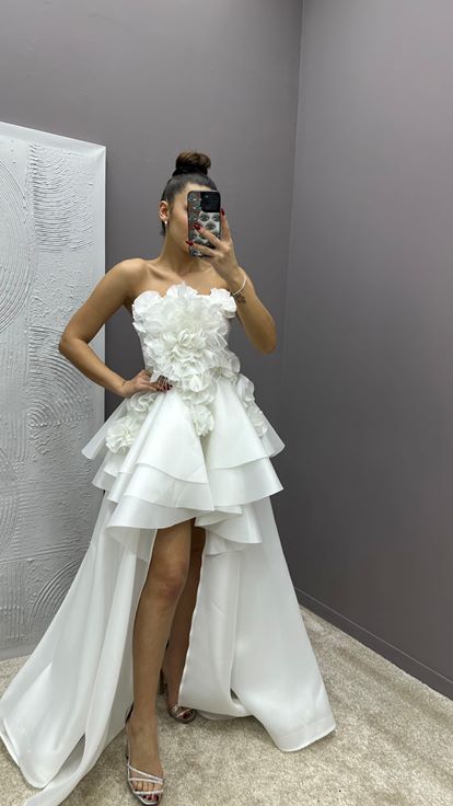 White Strapless Feather Detail Rose Design Evening Dress