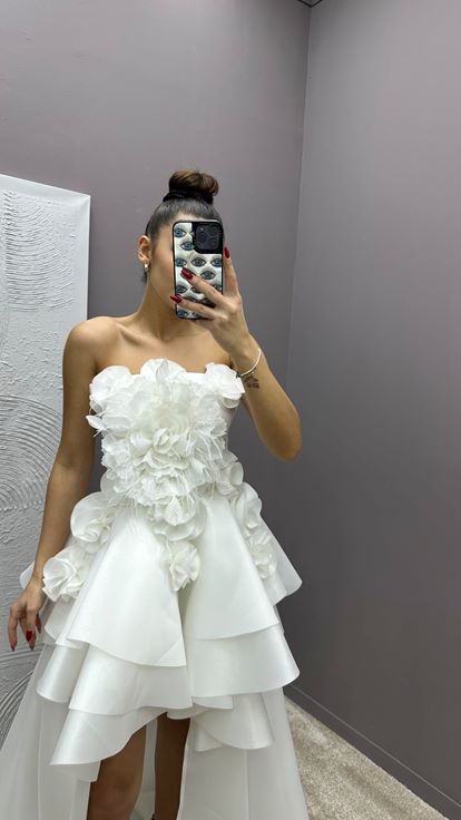 White Strapless Feather Detail Rose Design Evening Dress