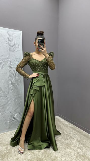 Robe de soirée en satin de conception de détail de pierre de poitrine kaki de pierre de taille brodée