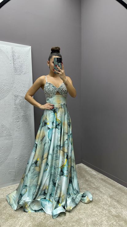 Blue Strappy Dress with Embroidered Bust Design