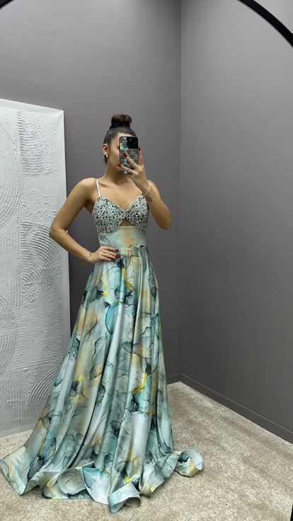 Blue Strappy Dress with Embroidered Bust Design