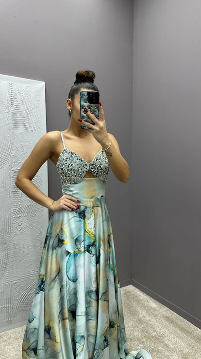 Blue Strappy Dress with Embroidered Bust Design