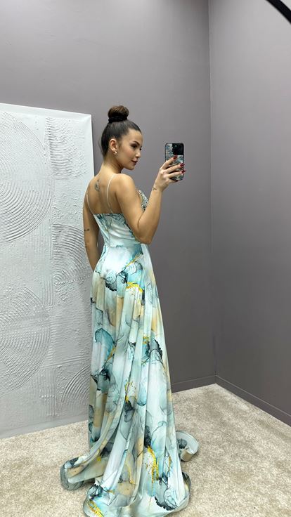 Blue Strappy Dress with Embroidered Bust Design