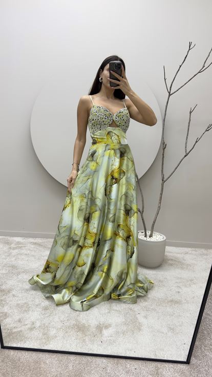 Yellow Strappy Dress with Embroidered Bust Design