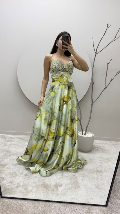Yellow Strappy Dress with Embroidered Bust Design