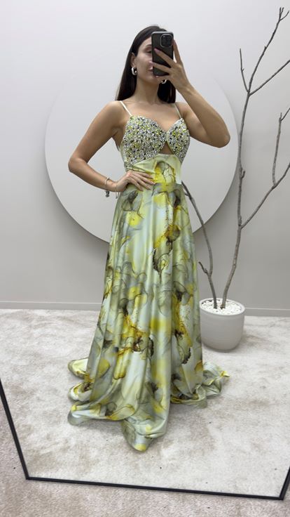 Yellow Strappy Dress with Embroidered Bust Design
