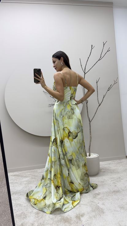 Yellow Strappy Dress with Embroidered Bust Design