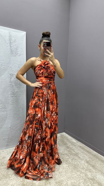 Orange Rope Strap Chest Detail Pleated Design Dress