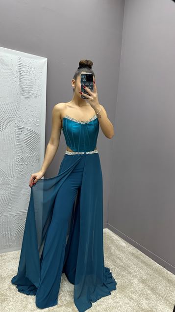 Robe bustier turquoise transparente brodée