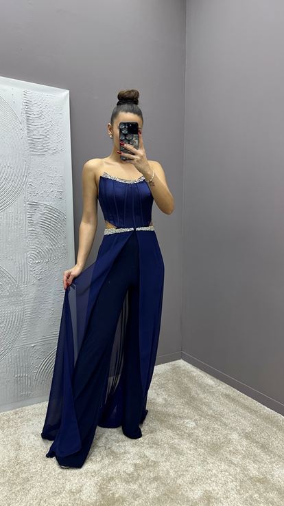 Navy Blue Strapless Transparent Embroidered Design Dress