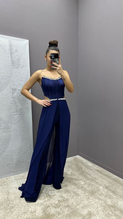 Navy Blue Strapless Transparent Embroidered Design Dress