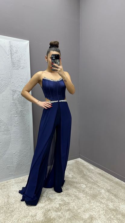 Navy Blue Strapless Transparent Embroidered Design Dress