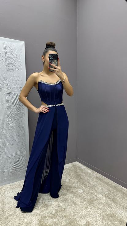 Navy Blue Strapless Transparent Embroidered Design Dress