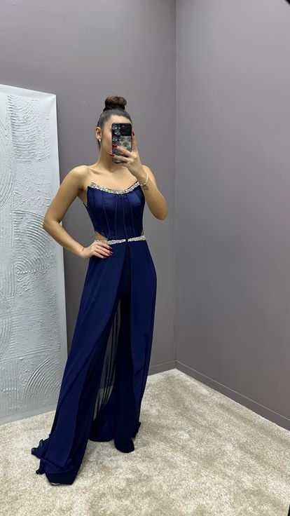 Navy Blue Strapless Transparent Embroidered Design Dress