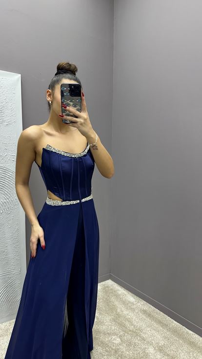 Navy Blue Strapless Transparent Embroidered Design Dress