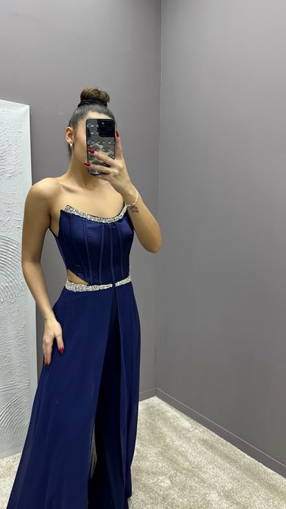 Navy Blue Strapless Transparent Embroidered Design Dress