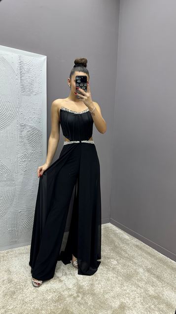 Siyah Straplez Transparan İşlemeli Tasarım Elbise