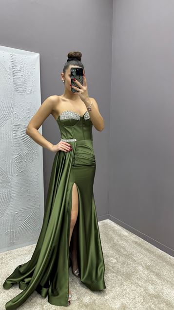 Kaki bustier brodé taille détail design satin robe de soirée