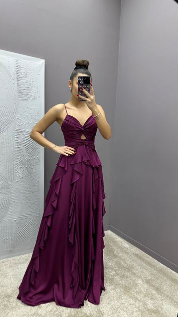 Vestido de diseño con detalle de cintura drapeado con correa de cuerda de ciruela