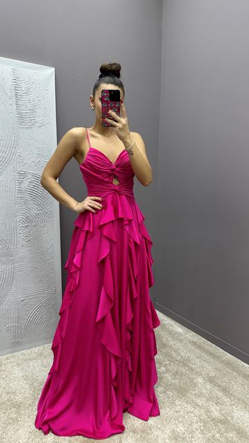 Fuchsia Rope Strap Draped Waist Detail Design Dress