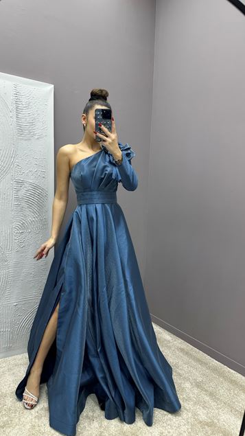 Indigo Shoulder Rose Detail One Shoulder Design Satin Evening Dress