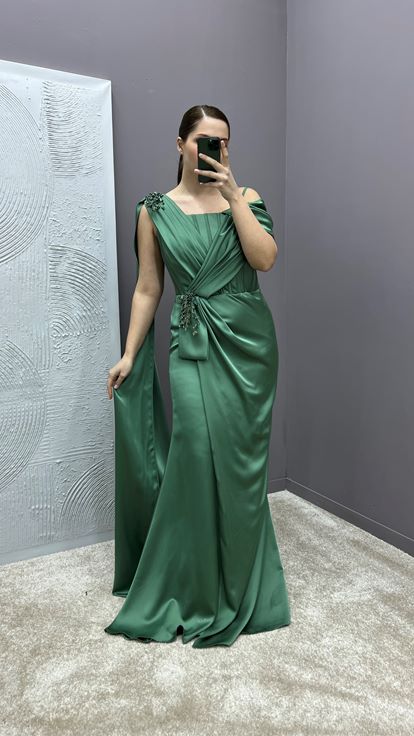 Khaki One Shoulder Cape Waist Detail Plus Size Evening Dress