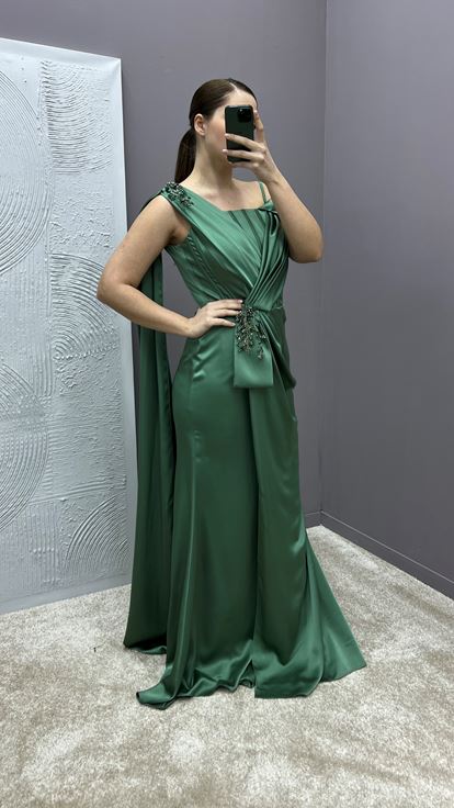 Khaki One Shoulder Cape Waist Detail Plus Size Evening Dress