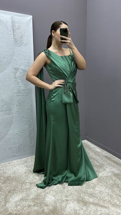 Khaki One Shoulder Cape Waist Detail Plus Size Evening Dress