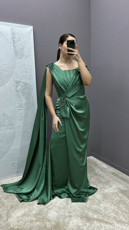 Khaki One Shoulder Cape Waist Detail Plus Size Evening Dress