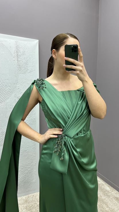 Khaki One Shoulder Cape Waist Detail Plus Size Evening Dress