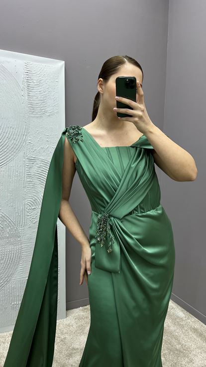 Khaki One Shoulder Cape Waist Detail Plus Size Evening Dress