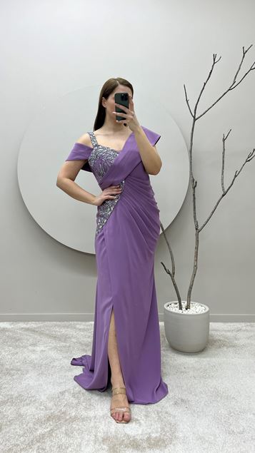 Lilac Shoulder Detail Embroidered Draped Plus Size Design Dress