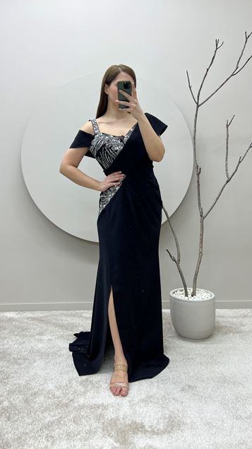 Black Shoulder Detail Embroidered Draped Plus Size Design Dress